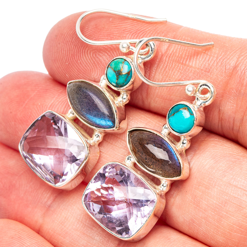 Faceted Pink Amethyst, Labradorite, Blue Copper Composite Turquoise 925 Sterling Silver Earrings 1 3/4" (925 Sterling Silver) E2119