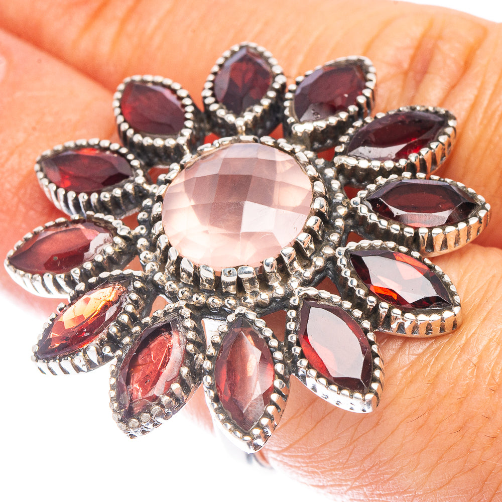 Large Rose Quartz, Garnet Ring Size 7 (925 Sterling Silver) R6948