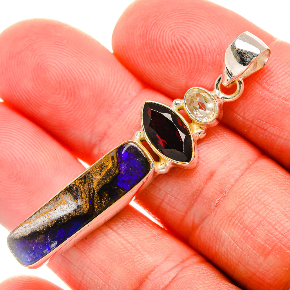 Australian Boulder Opal, Garnet, White Quartz Pendant 2" (925 Sterling Silver) PD38181