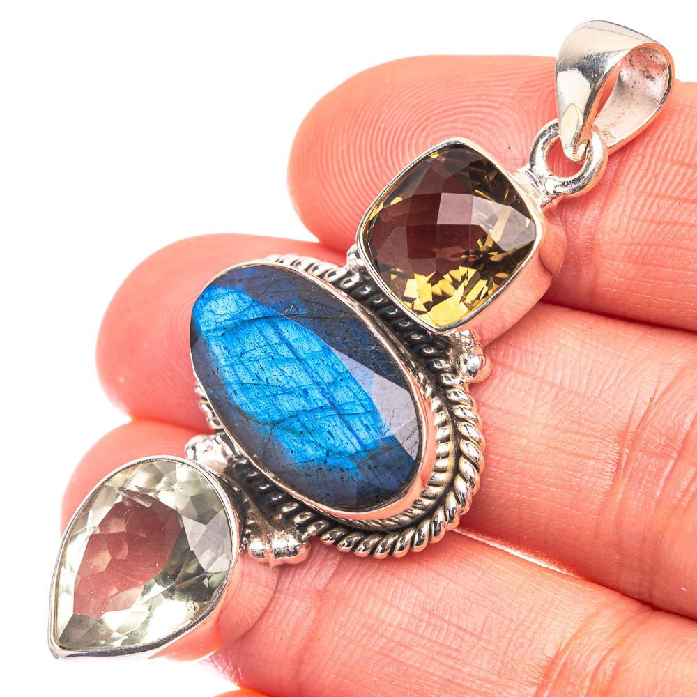 Labradorite, White Quartz, Smoky Quartz Pendant 2 1/8" (925 Sterling Silver) P38687
