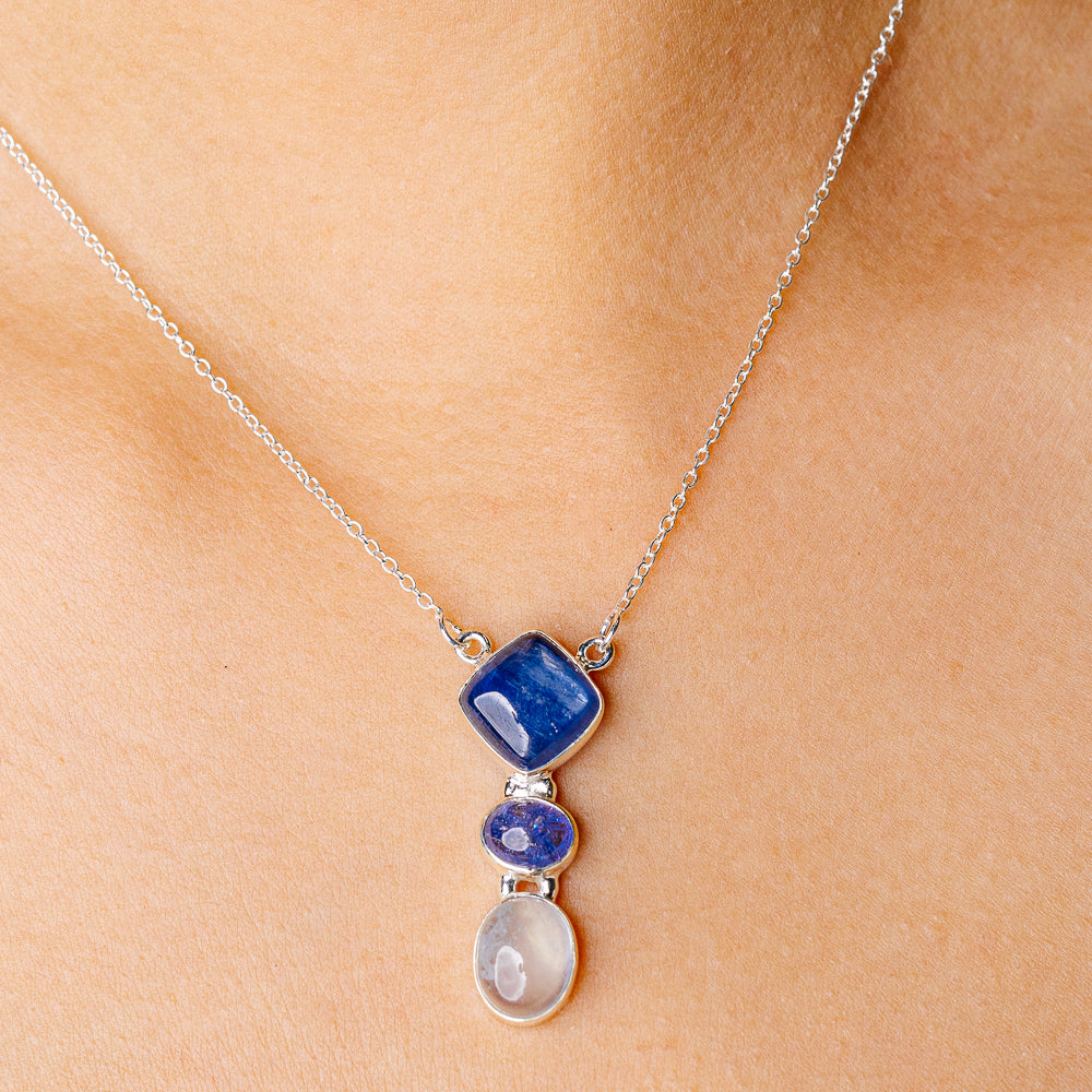 Kyanite, Rainbow Aquamarine, Tanzanite Necklace 16.375" (925 Sterling Silver) N90261