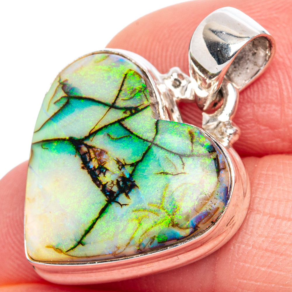 Rare Sterling Opal Heart Pendant 1 1/8" (925 Sterling Silver) P42113