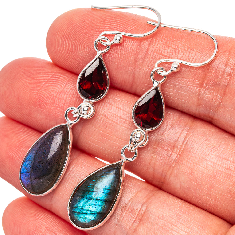 Labradorite, Garnet Earrings 2" (.925 Sterling Silver)