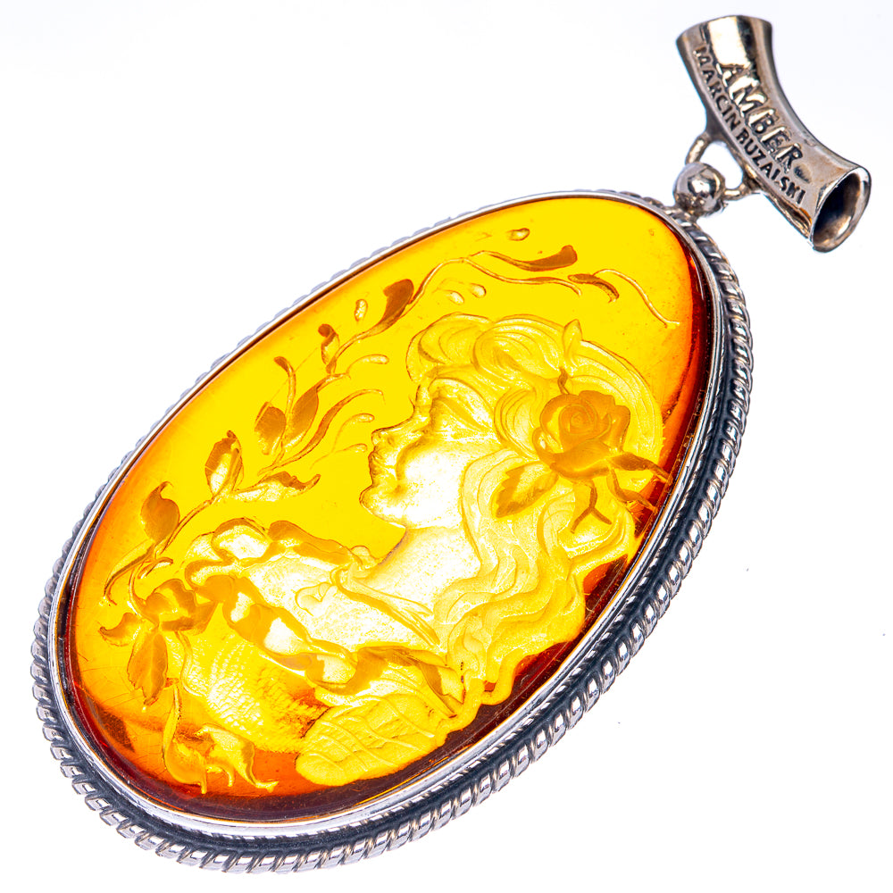Anasilvercos Baltic Amber Cameo Pendant 2 3/8" (925 Sterlnig Silver)