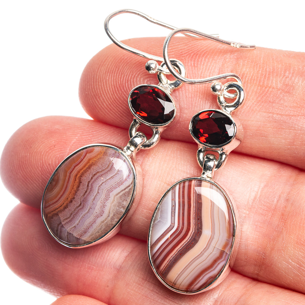 Red Botswana Agate, Garnet 925 Sterling Silver Earrings 1 5/8"