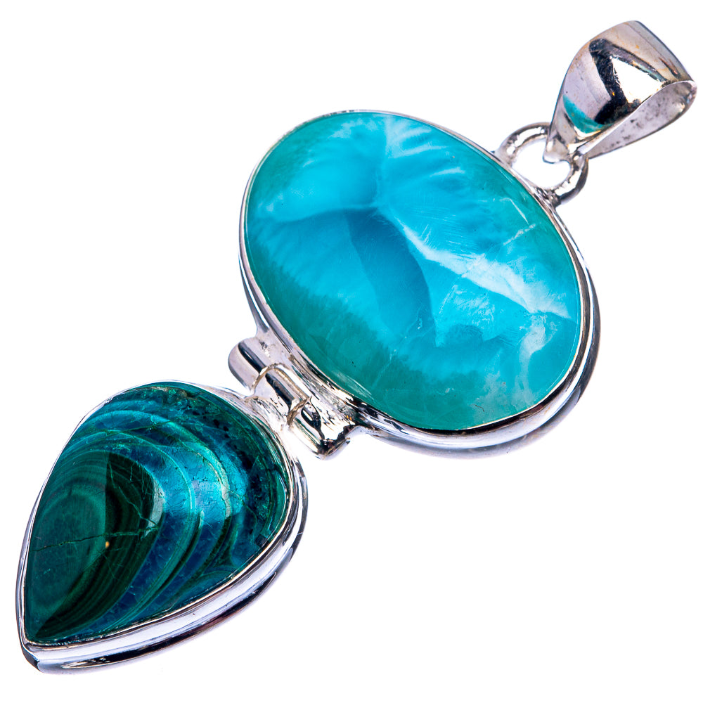 Larimar, Malachite In Chrysocolla Pendant 1 3/4" (925 Sterling Silver) P38920