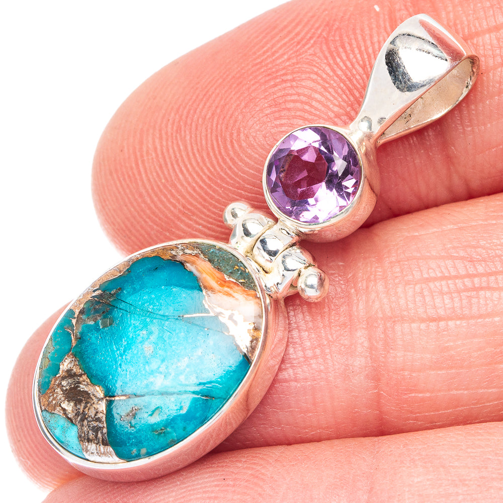 Spiny Oyster Turquoise, Amethyst Pendant 1 3/8" (925 Sterling Silver) P41056