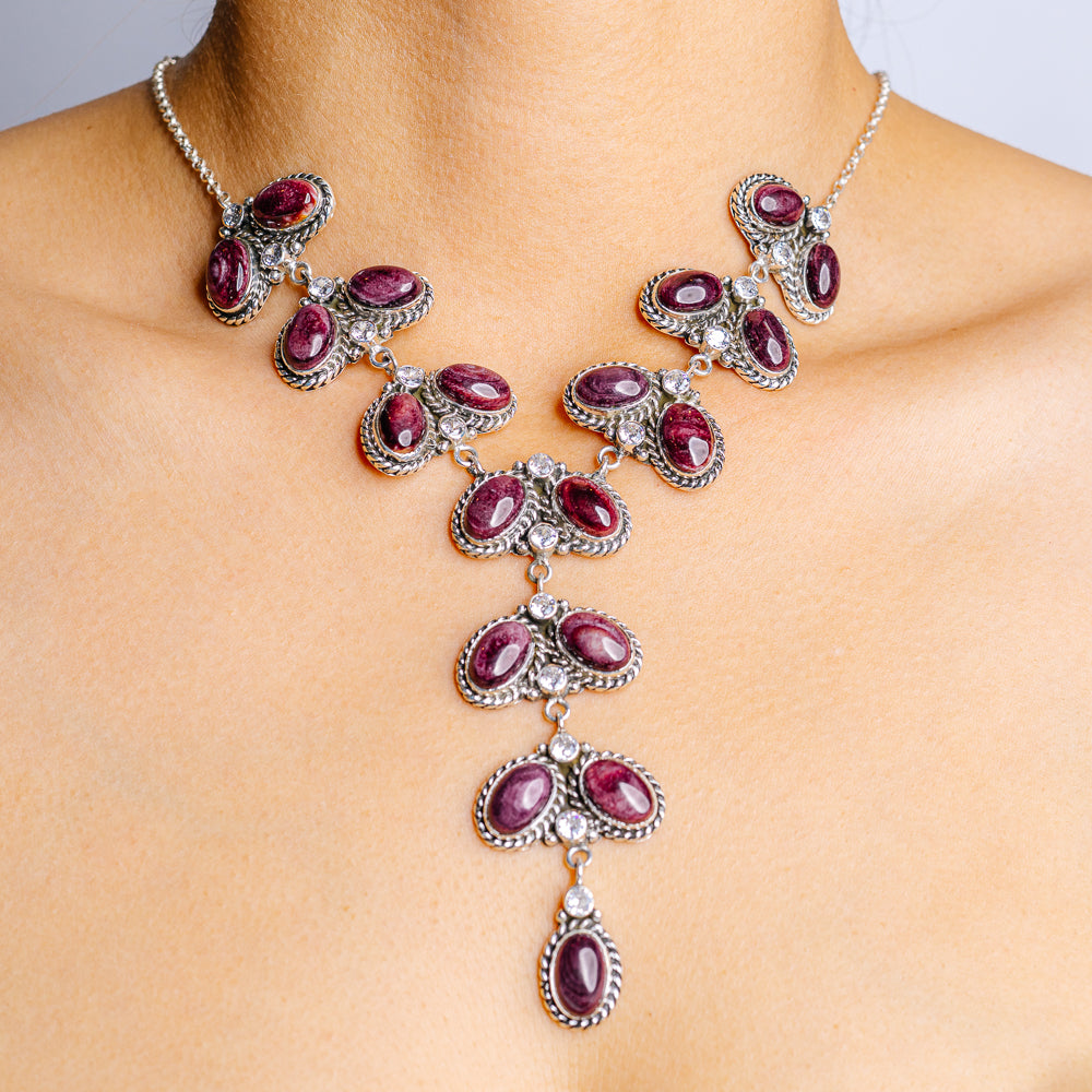 Purple Spiny Oyster Necklace & Earrings Set 19 to 21" (.925 Sterling Silver)