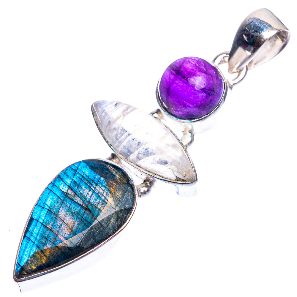 Labradorite, Rainbow Moonstone, Amethyst 925 Sterling Silver Pendant 2"