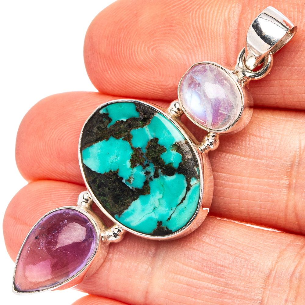 Premium Tibetan Turquoise, Ametrine, Rainbow Moonstone Pendant 2 1/8" (.925 Sterling Silver)