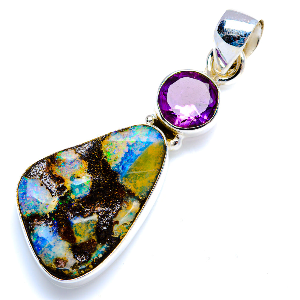 Boulder Opal, Amethyst 925 Sterling Silver Pendant 1 3/4" (925 Sterling Silver) PD38339