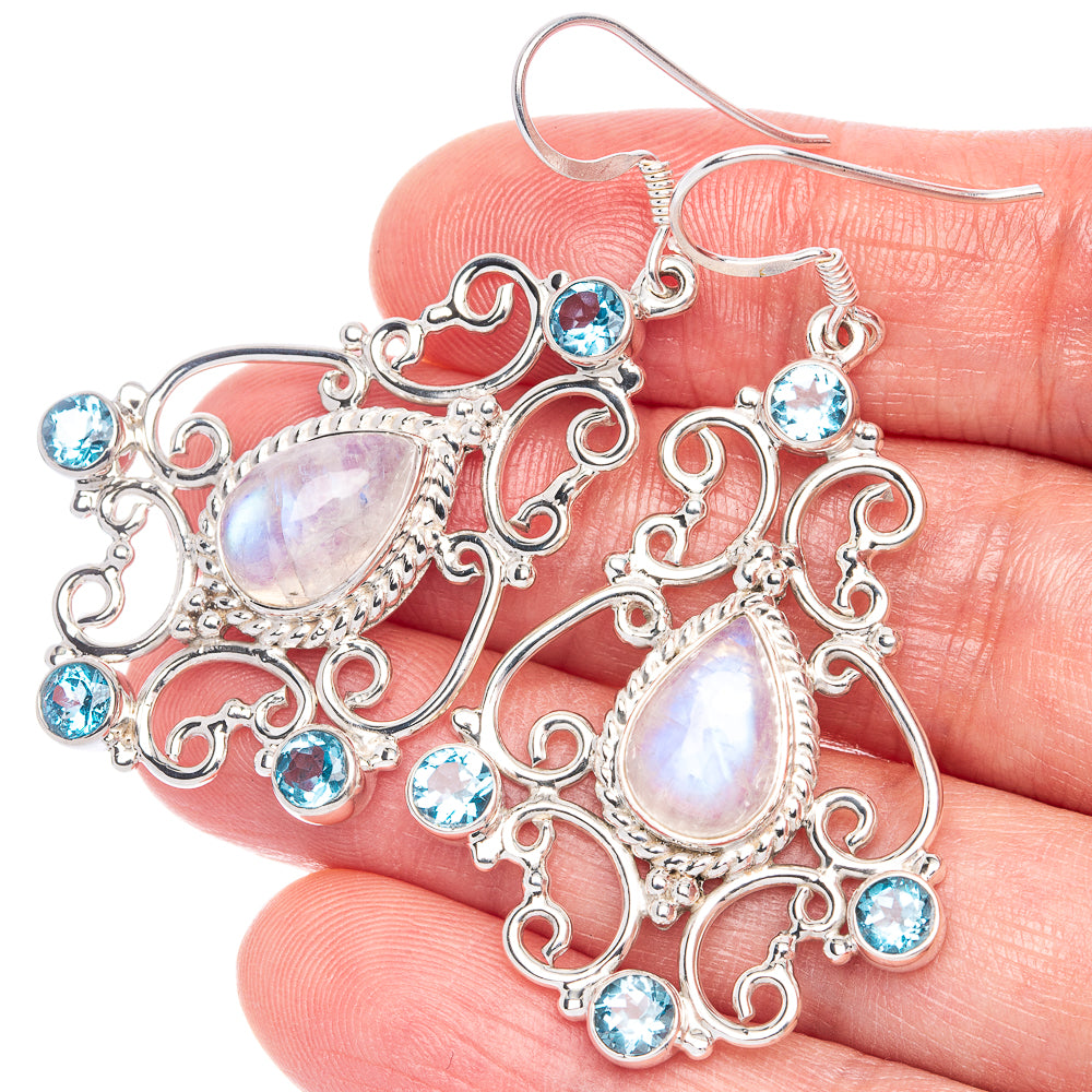 Signature Rainbow Moonstone, Blue Topaz Earrings 2 1/4" (925 Sterling Silver) E1077