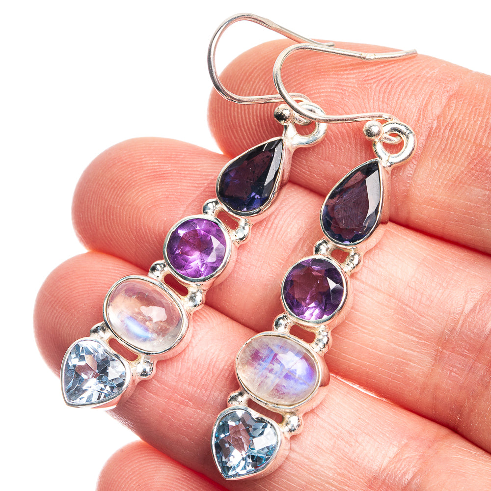 Rainbow Moonstone, Amethyst, Blue Topaz 925 Sterling Silver Earrings 1 7/8"