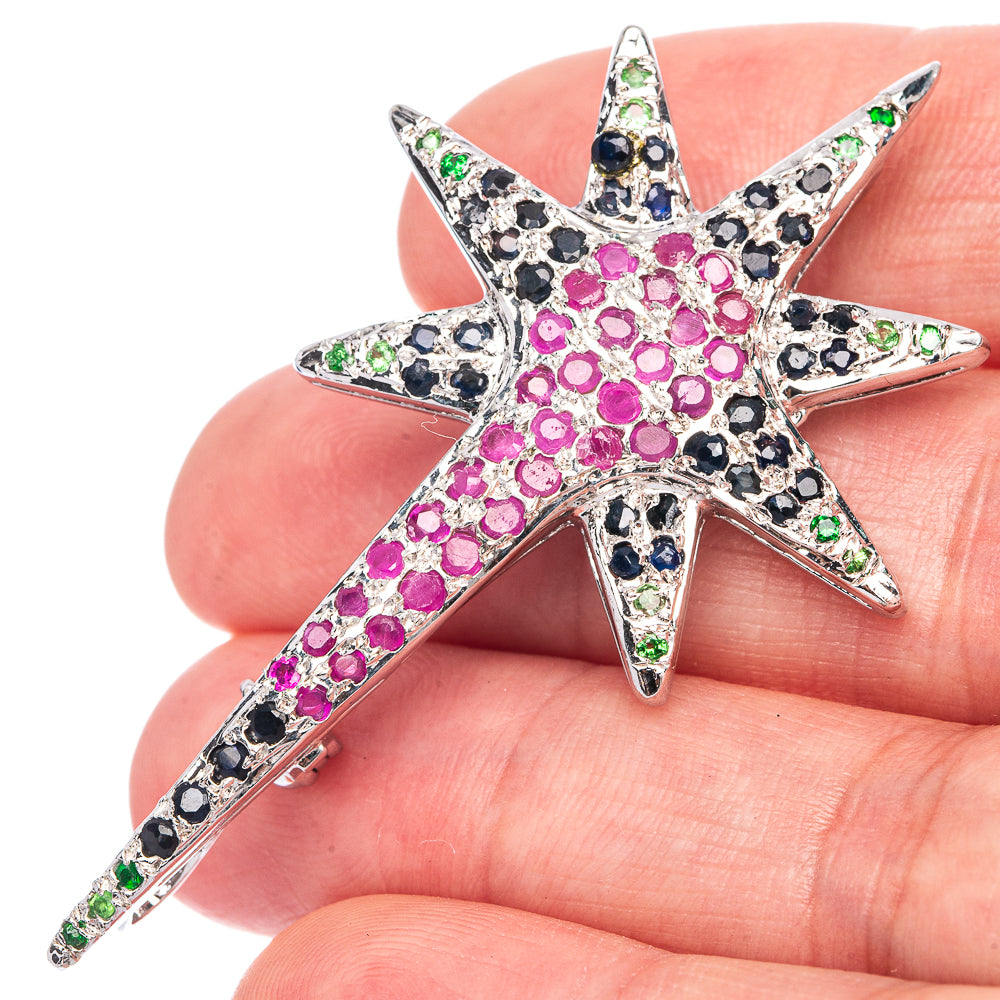 Ruby, Sapphire, Emerald Star 925 Sterling Silver Silver Brooch P 2 1/8" (925 Sterling Silver) P1001