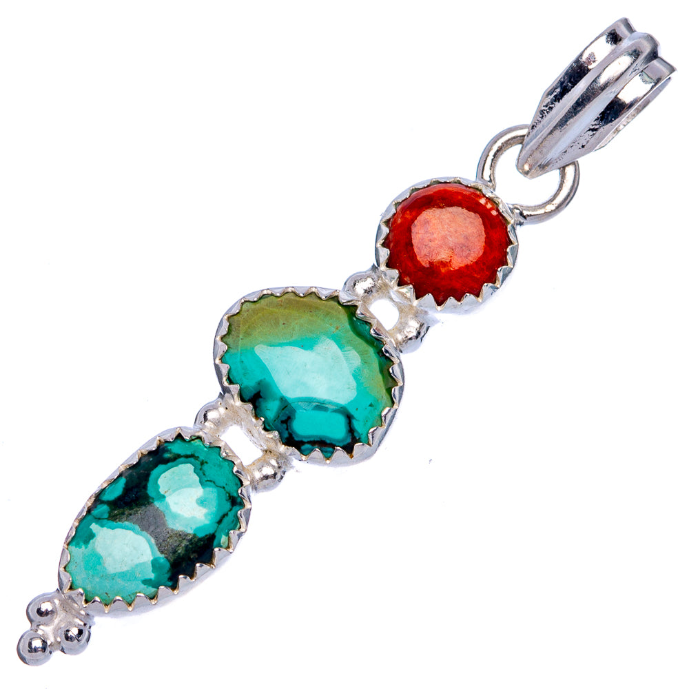 Tibetan Turquoise, Sponge Coral Pendant 1 7/8" (925 Sterling Silver) P40229