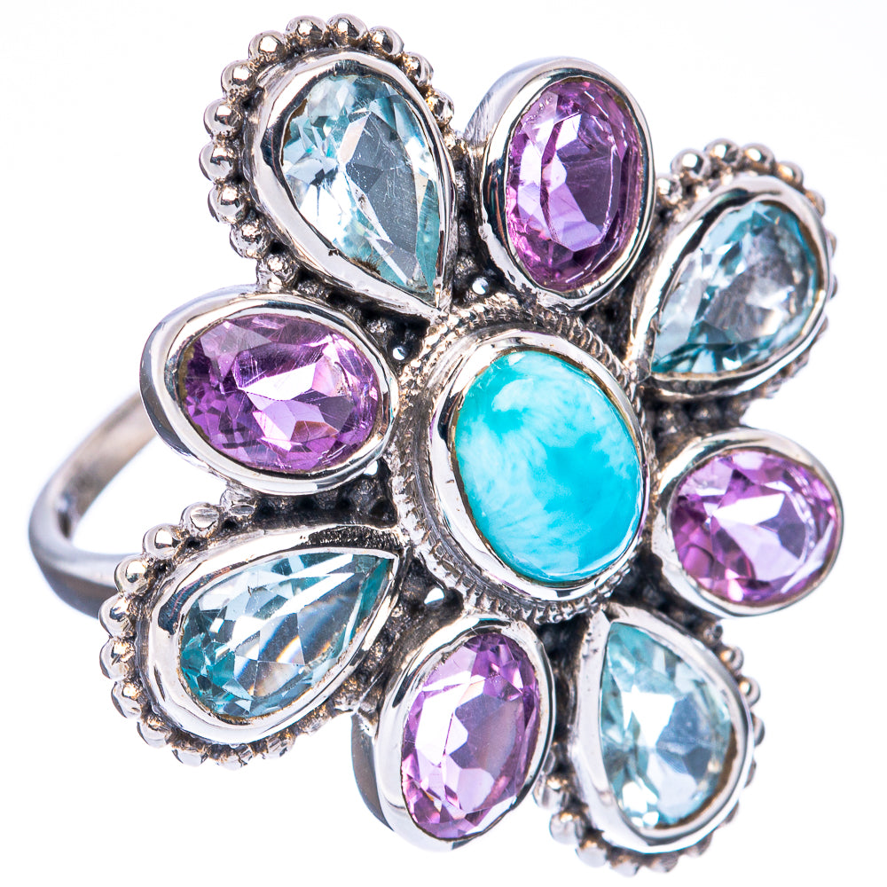 Larimar, Blue Topaz, Amethyst Large Flower Ring Size 9.25 (925 Sterling Silver) R3136