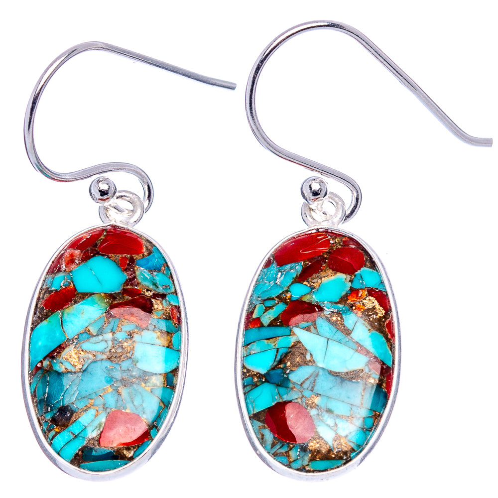 Coral Turquoise Matrix Earrings 1 3/8" (.925 Sterling Silver)