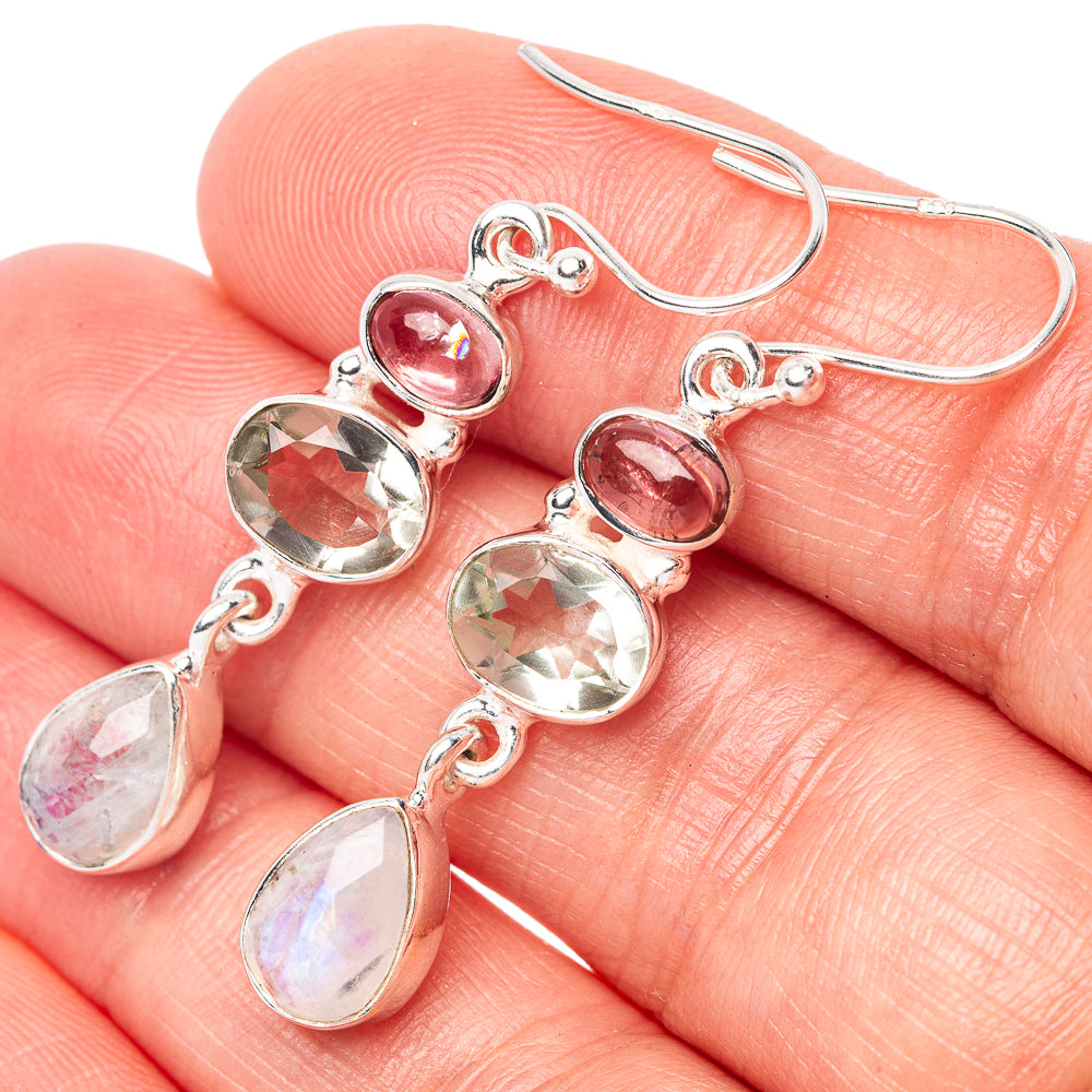 Rainbow Moonstone, White Quartz, Pink Tourmaline Earrings 1 3/4" (925 Sterling Silver) E1487