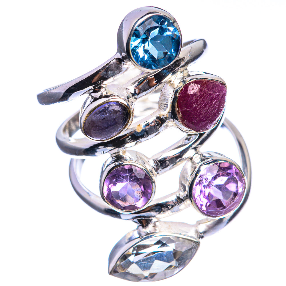 Large Blue Topaz, Amethyst, Ruby, White Quartz 925 Sterling Silver Ring Size 7