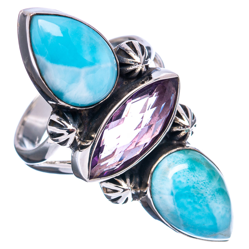 Premium Larimar, Amethyst Ring Size 6.25 (.925 Sterling Silver)