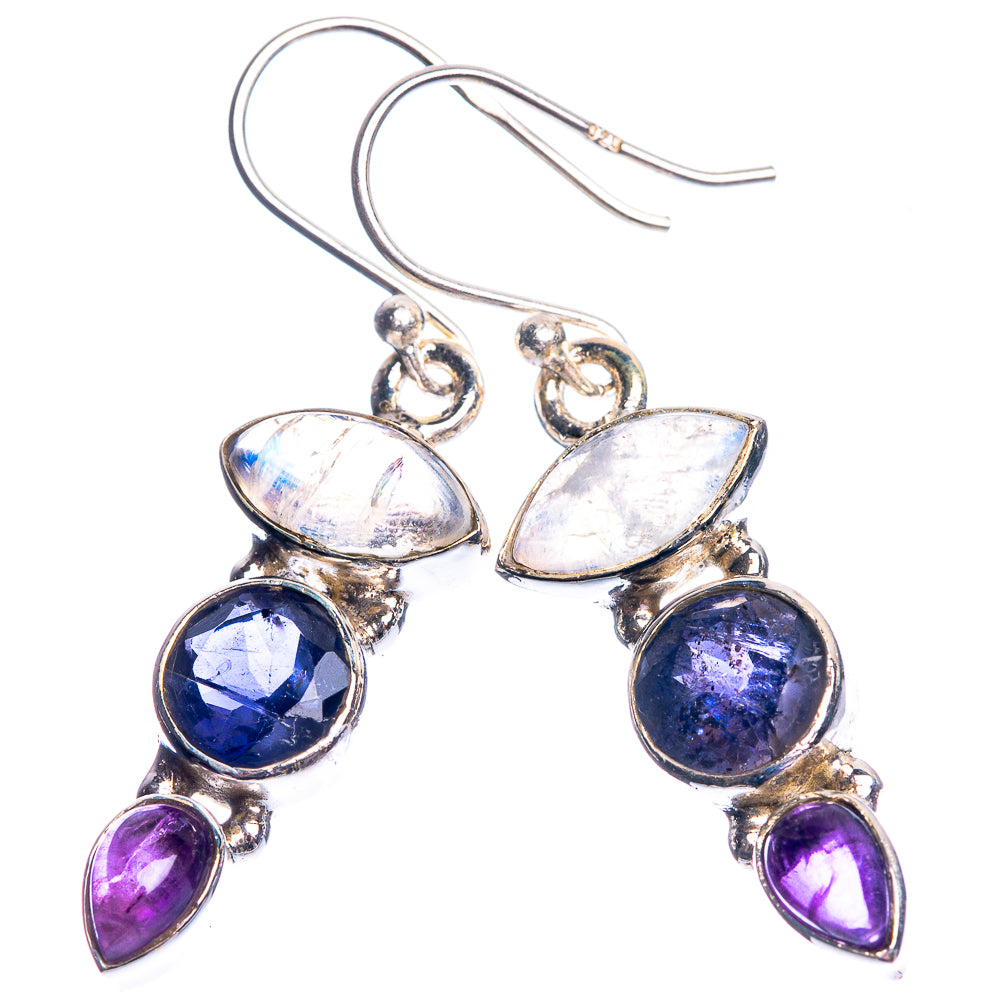 Rainbow Moonstone, Tanzanite, Amethyst 925 Sterling Silver Earrings 1 1/2"
