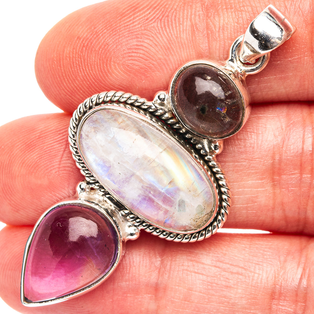 Premium Rainbow Moonstone, Amethyst Pendant 2" (.925 Sterling Silver)