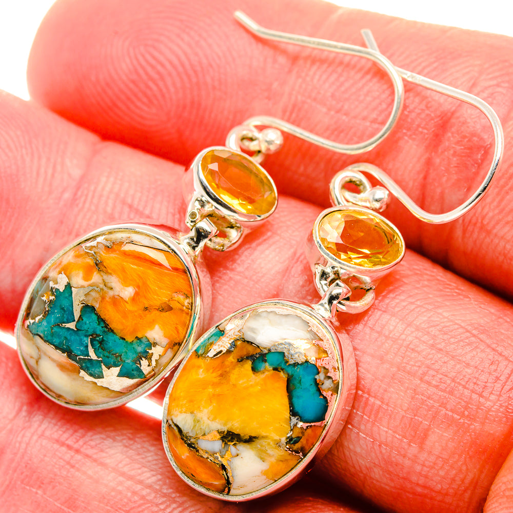 Spiny Oyster Turquoise, Citrine Earrings 1 3/4" (925 Sterling Silver) EARR432020
