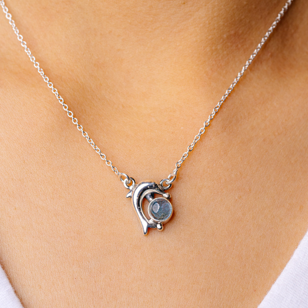 Aquamarine Dolphin Necklace 16 5/8 To 18 3/8" (925 Sterling Silver) N90146