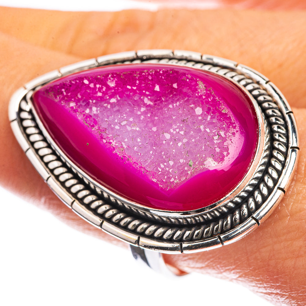 Large Pink Druzy 925 Sterling Silver Ring Size 9