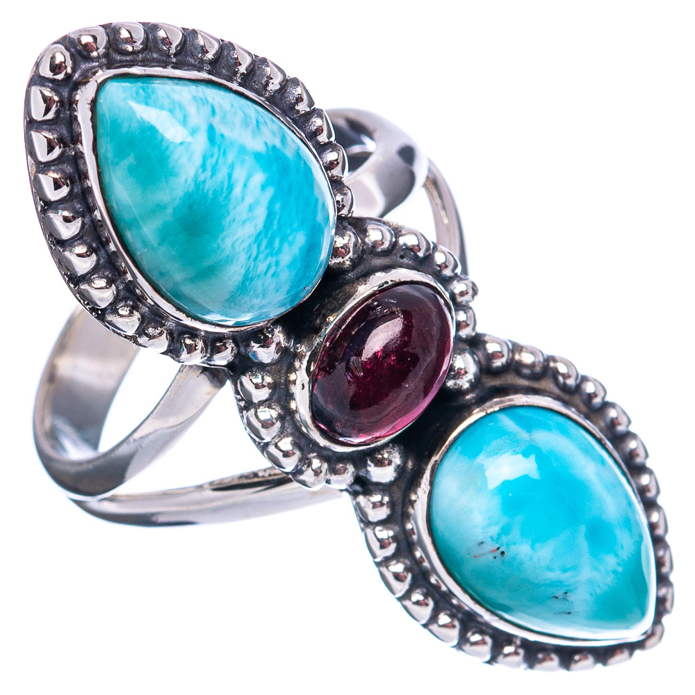 Premium Larimar, Garnet Ring Size 7 (.925 Sterling Silver)