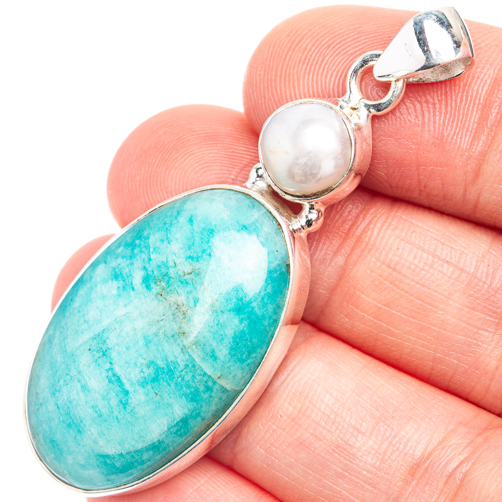 Peruvian Amazonite, Cultured Pearl Pendant 2 1/8" (925 Sterling Silver) P39281