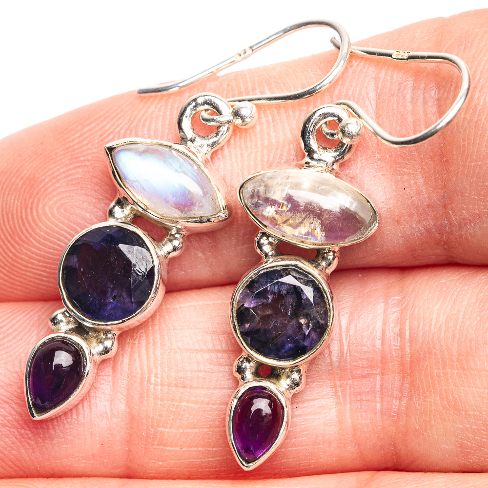 Rainbow Moonstone, Tanzanite, Amethyst Earrings 1 1/2" (925 Sterling Silver) E432600