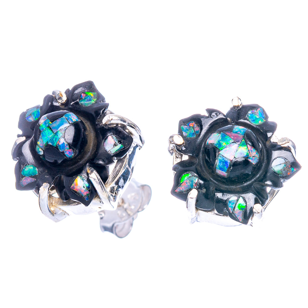 Rare Black Onyx Opal Earrings 1/2" (925 Sterling Silver) E1152