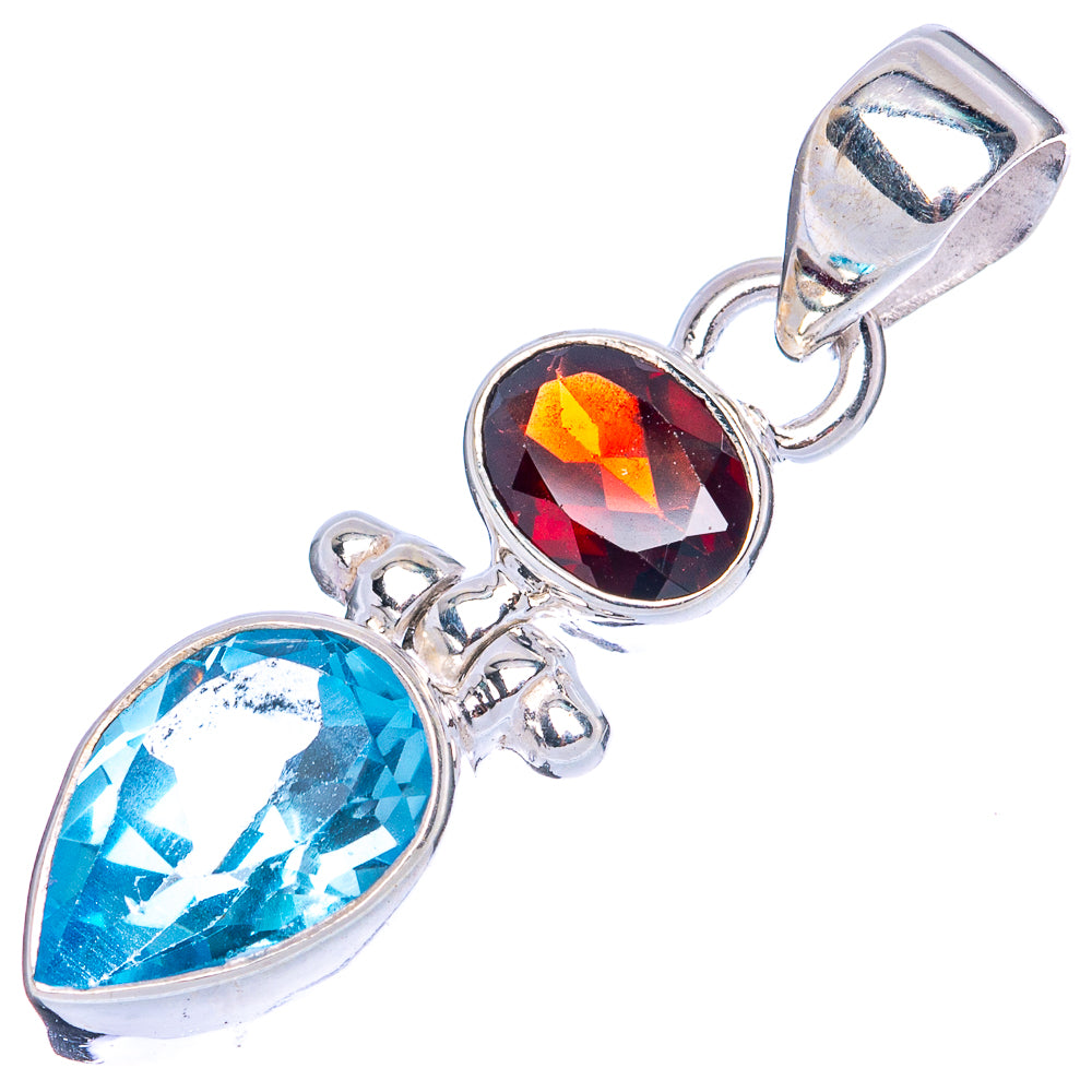 Blue Topaz, Garnet Pendant 1 3/8" (925 Sterling Silver) P42132