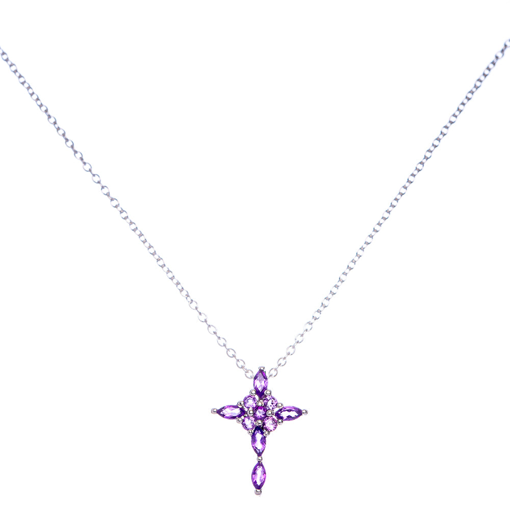 Faceted Amethyst Cross Necklace 17 7/8" (925 Sterling Silver) N90064