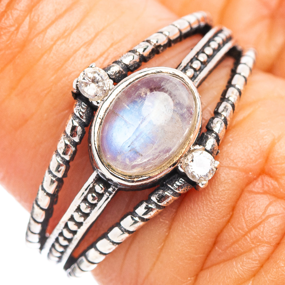 Rainbow Moonstone Dainty Ring Size 5.75 (.925 Sterling Silver)