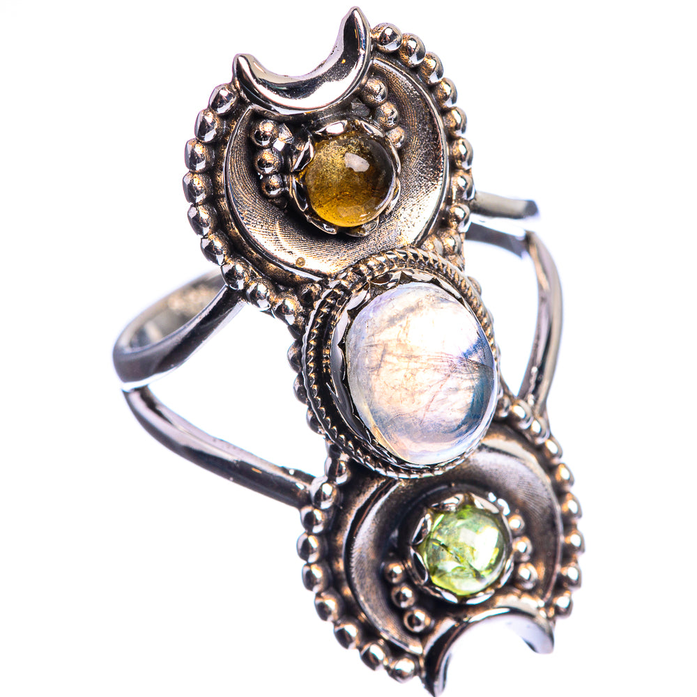 Rainbow Moonstone, Citrine, Peridot 925 Sterling Silver Ring Size 7.75