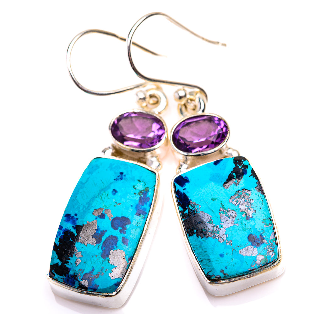 Shattuckite, Amethyst Earrings 1 1/2" (925 Sterling Silver) EARR432174