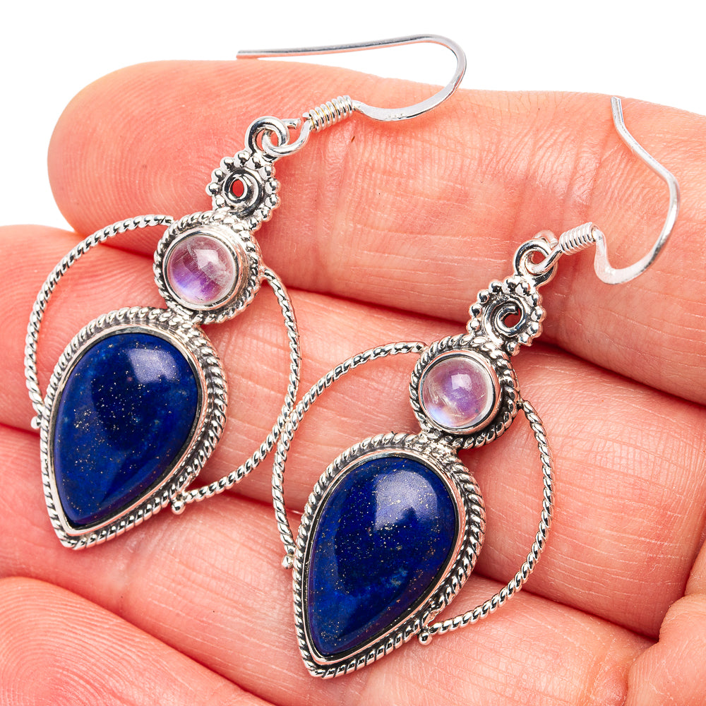Premium Lapis Lazuli, Rainbow Moonstone Earrings 1 7/8" (.925 Sterling Silver)