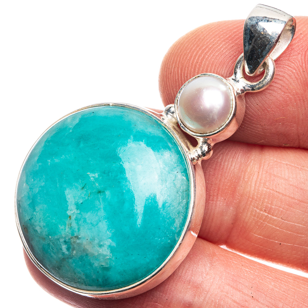 Peruvian Amazonite, Cultured Pearl Pendant 1 3/4" (925 Sterling Silver) P39152