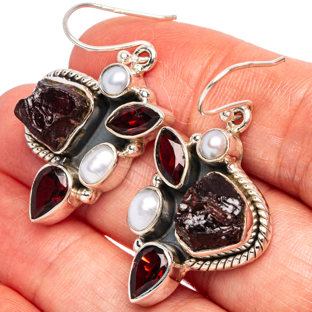 Garnet, Cultured Pearl Premium Earrings 1 5/8" (925 Sterling Silver) E2356