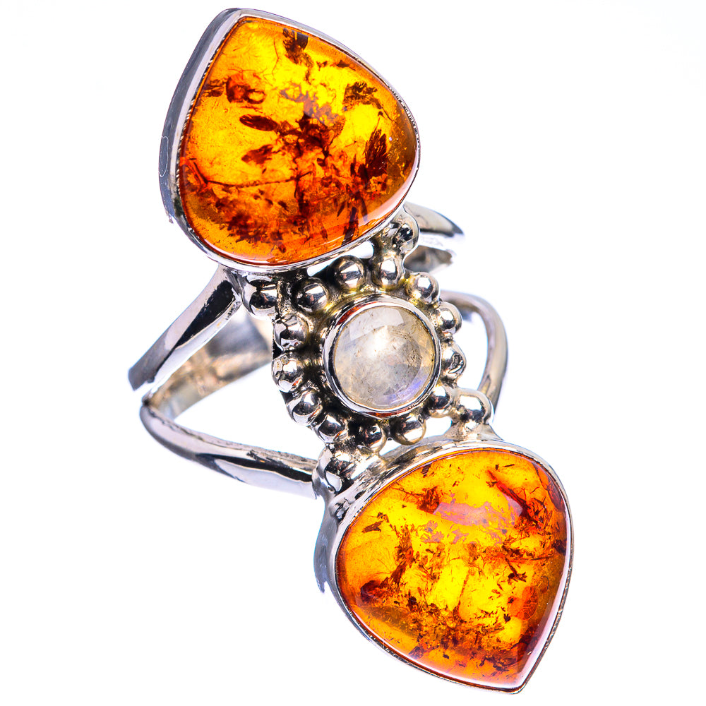 Large Baltic Amber, Rainbow Moonstone Ring Size 6 (925 Sterling Silver) R142474