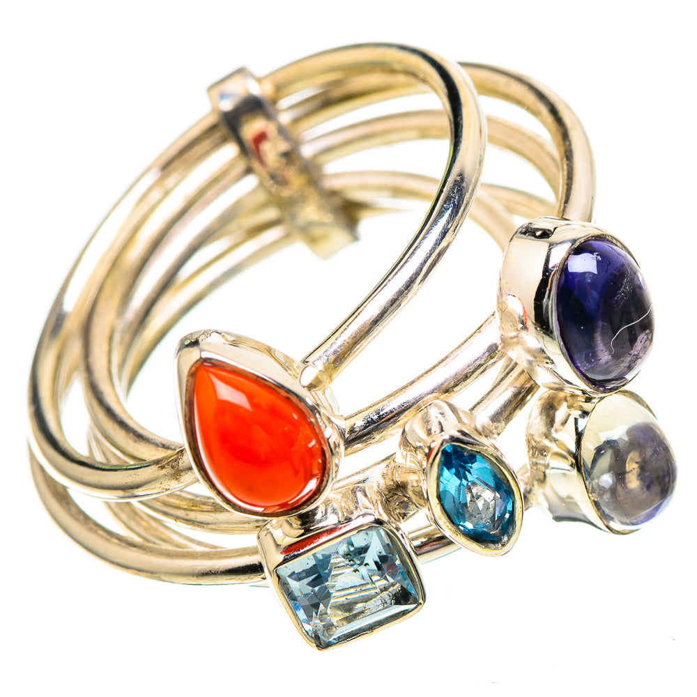 Red Coral, Tanzanite, Blue Topaz, Rainbow Moonstone Ring Size 6.5 (925 Sterling Silver) RING137858