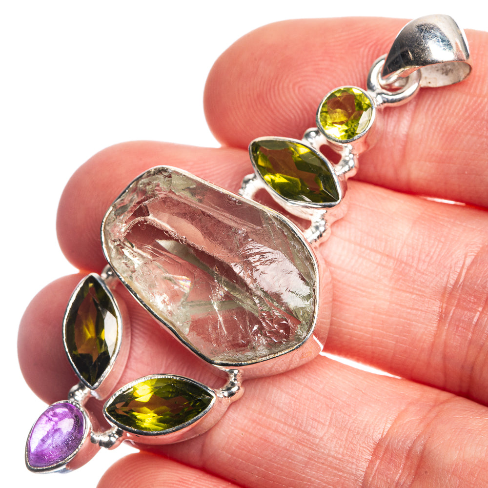 Rough Aquamarine, Peridot, Amethyst 925 Sterling Silver Pendant 2 1/4"