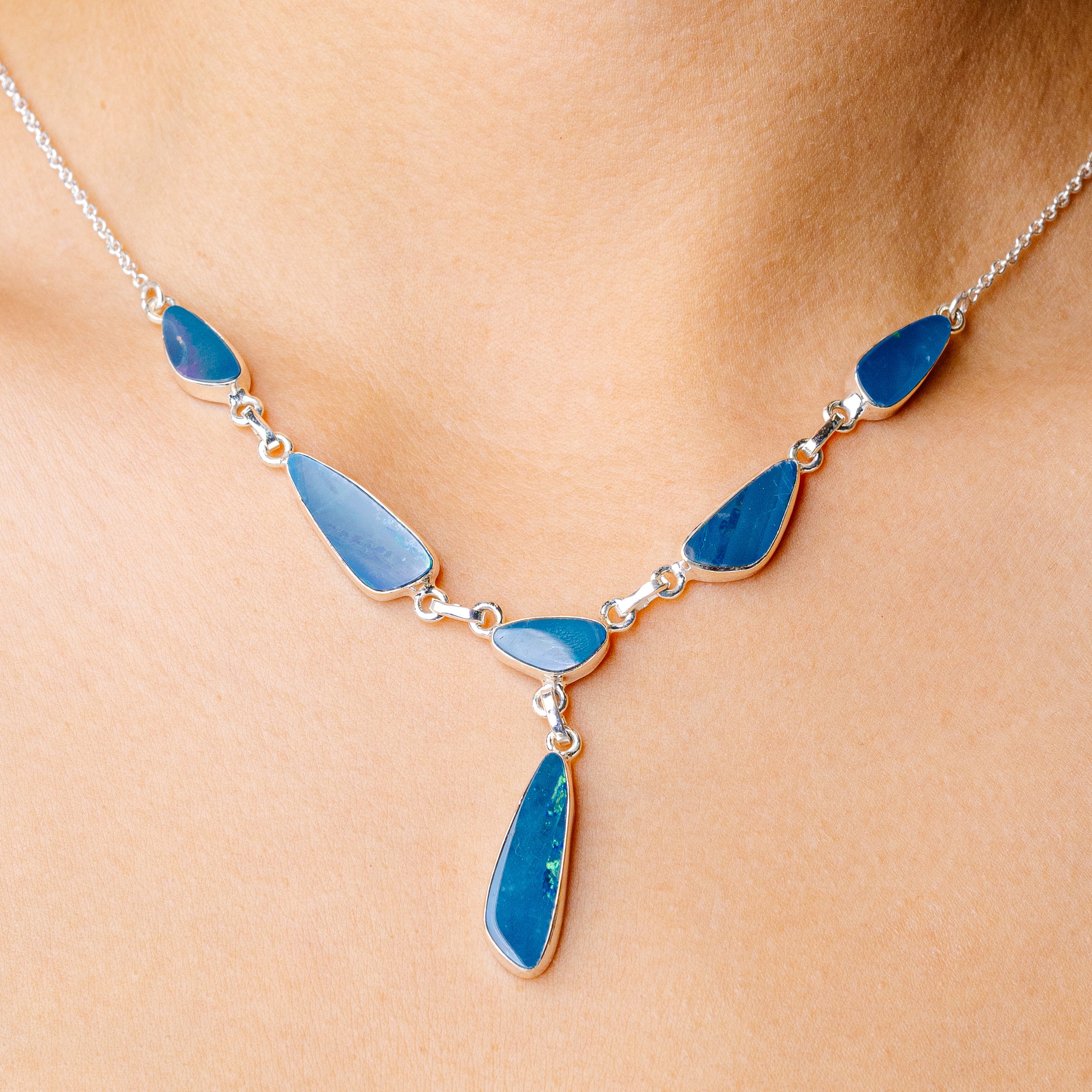Doublet Opal Necklace 19 3/8 To 21 1/8" (925 Sterling Silver) N90279