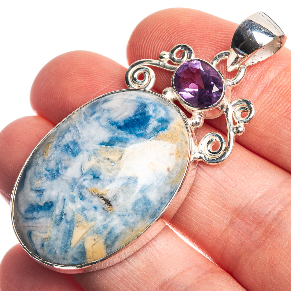 Blue Scheelite, Amethyst 925 Sterling Silver Pendant 1 7/8"