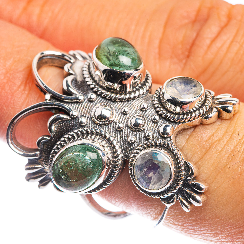 Large Green Tourmaline, Rainbow Moonstone Ring Size 6.5 (925 Sterling Silver) R144223