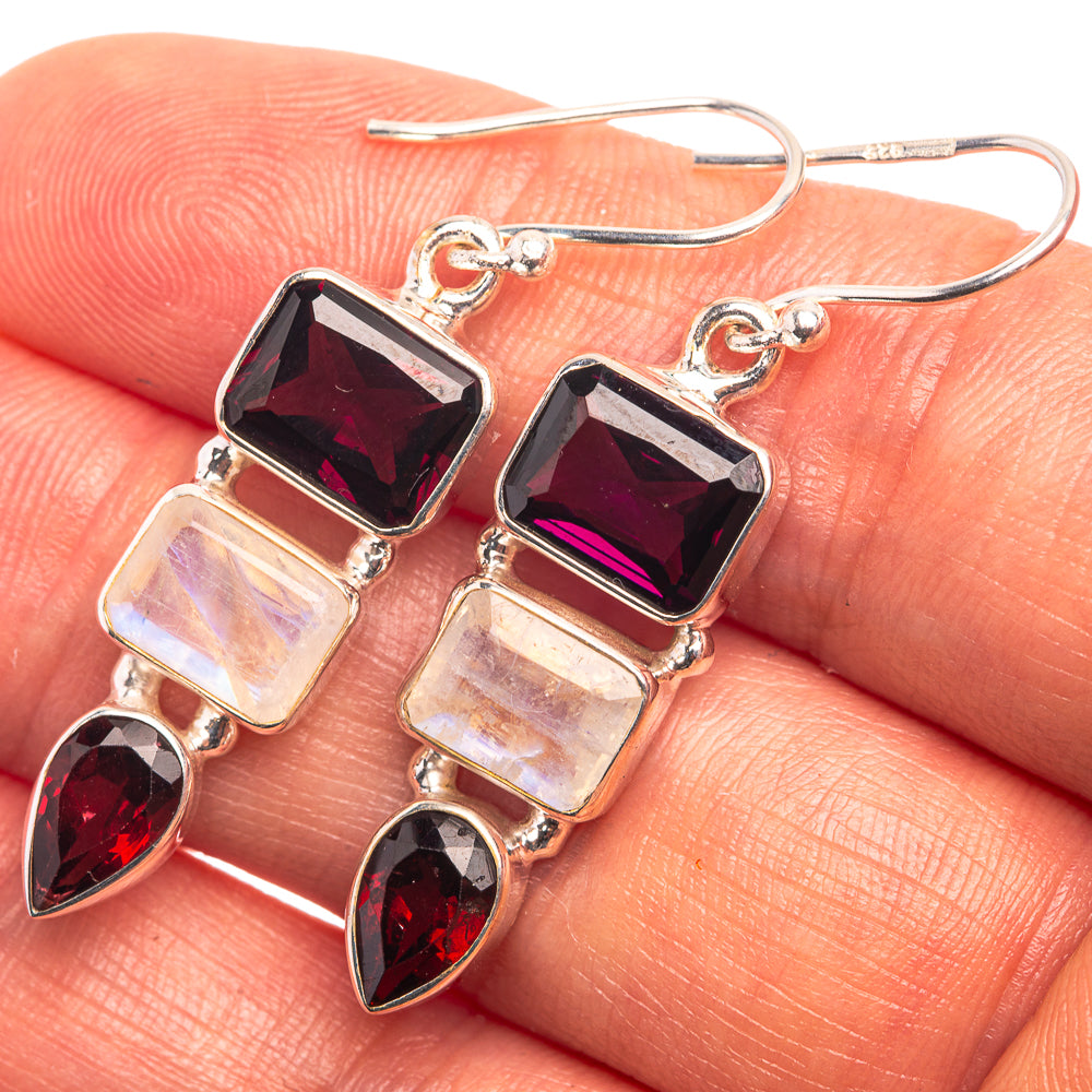 Garnet, Rainbow Moonstone, Pink Quartz Earrings 1 5/8" (925 Sterling Silver) E432406