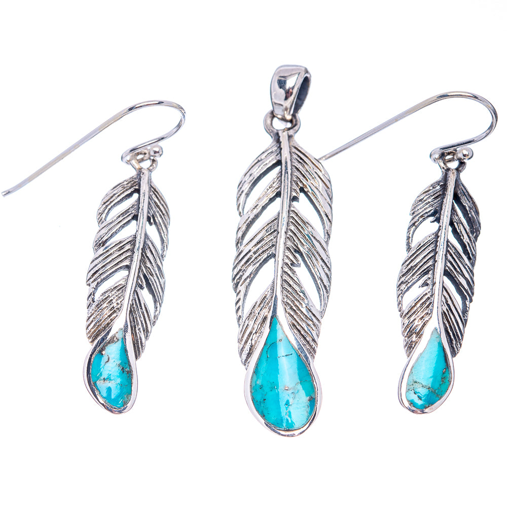 Native Style Mohave Turquoise Feather Pendant & Earrings Set 1 3/4" (.925 Sterling Silver)