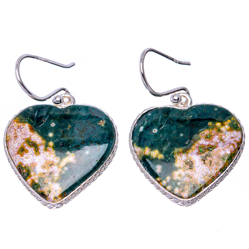 Ocean Jasper Heart 925 Sterling Silver Earrings 1 3/8" (925 Sterling Silver) E1446